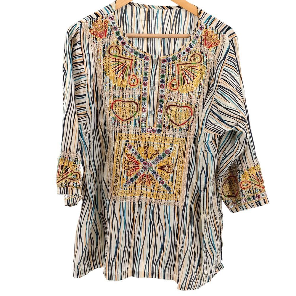 Vintage Y2K Striped 100% Cotton Embroidered Mirror Kurta Blouse